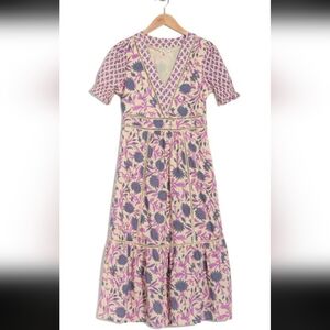 dRA Maisie Puff Sleeve Midi Dress With Crochet Trim In Ivory Floral V-neck NWOT